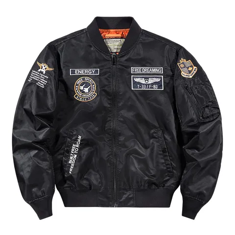 Men's Casual Stand Collar Windproof Military Embroidered Flight Jacket Spring Autumn Outerwear Zip Up Bomber Coat
