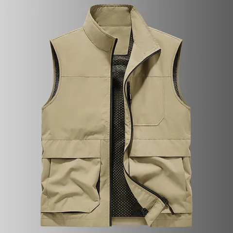 Men's Casual Stand Collar Multi-Pocket Tactical Vest Spring Autumn Zipper Outdoor Photography Sleeveless Jacket
