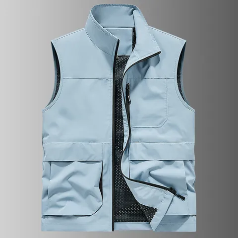 Men's Casual Stand Collar Multi-Pocket Tactical Vest Spring Autumn Zipper Outdoor Photography Sleeveless Jacket