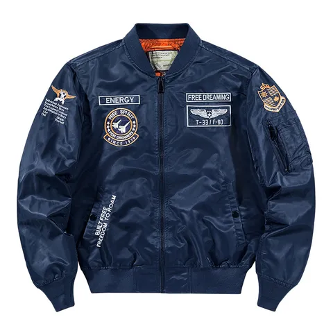 Men's Casual Stand Collar Windproof Military Embroidered Flight Jacket Spring Autumn Outerwear Zip Up Bomber Coat