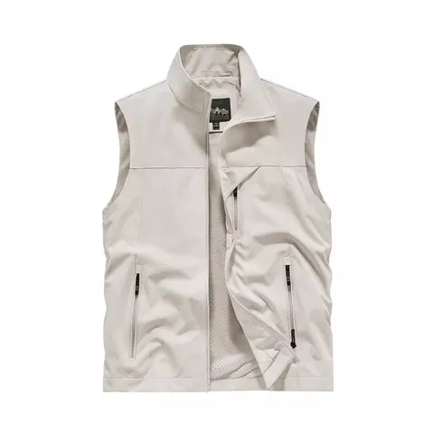 Men's Casual Stand-Up Collar Multi-Pocket Vest Outdoor Photography Fishing Waistcoat Pocket Polyester Jacket Top