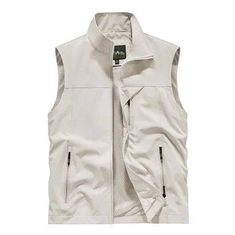 Men's Casual Stand Collar Multi-Pocket Cargo Vest Spring Outdoor Photography Fishing Sleeveless Jacket Polyester Outerwear