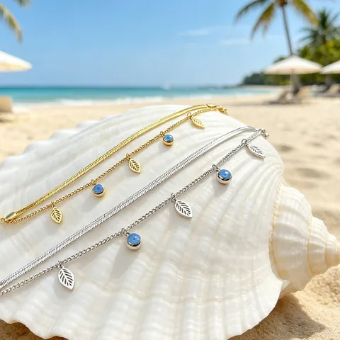 Bracciale a Doppio Strato Creativo in Acciaio Inossidabile Galvanico Sottovuoto 18K Oro Argento Strass Foglie Multiple Blu Occhio Turco Pendente Catena Bracciale da Donna