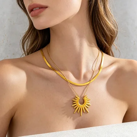 Collar de Doble Capa con Colgante de Girasol de Acero Inoxidable Vintage Chapado en Oro Exquisitas Cadenas de Strass para Mujeres Joyería de Moda