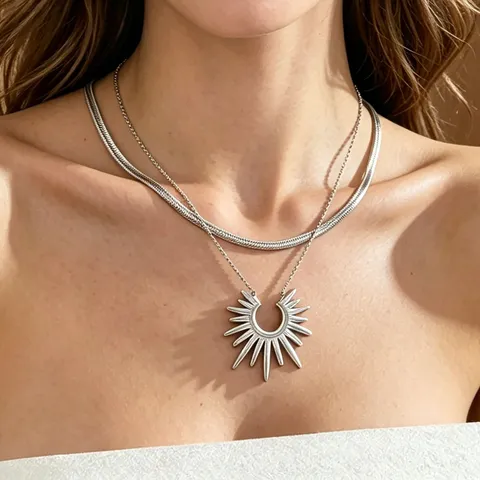Collar de Doble Capa con Colgante de Girasol de Acero Inoxidable Vintage Chapado en Oro Exquisitas Cadenas de Strass para Mujeres Joyería de Moda