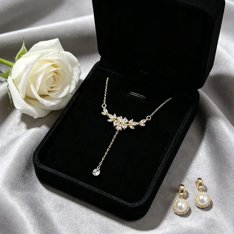 Collar con Borlas en Forma de Y de Vid de Flor de Cerezo de Acero Inoxidable 304 con Diamantes de Imitación Juego de Pendientes Chapados en Oro Joyas para Mujer