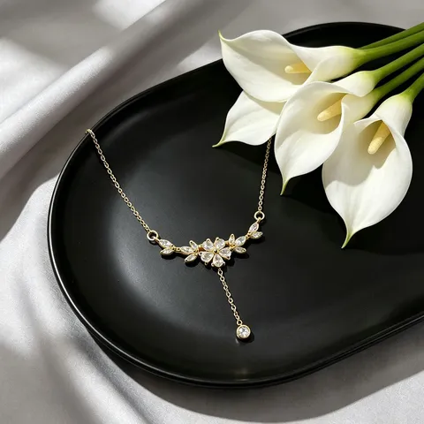 Collar con Borlas en Forma de Y de Vid de Flor de Cerezo de Acero Inoxidable 304 con Diamantes de Imitación Juego de Pendientes Chapados en Oro Joyas para Mujer