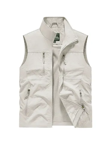 Men's Casual Multi-Pocket Tactical Vest Outdoor Fishing Workwear Sleeveless Outerwear Stand Collar Zipper Jacket
