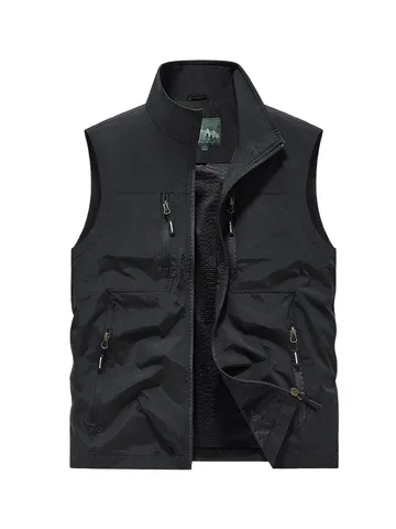 Men's Casual Multi-Pocket Tactical Vest Outdoor Fishing Workwear Sleeveless Outerwear Stand Collar Zipper Jacket
