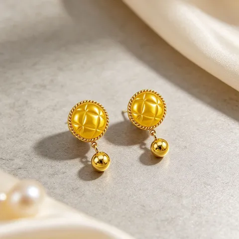 Minimalist 304 Stainless Steel Quilted Pattern Round Stud Earrings 18K Gold Plated Geometric Drop Ball Earrings For Women