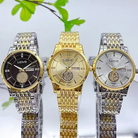 Montre à Quartz Business Mode pour Hommes Alliage Acier Inoxydable Rond Or Luxe Étanche Montre-Bracelet Calendrier Affichage Hebdomadaire pour Homme Bureau