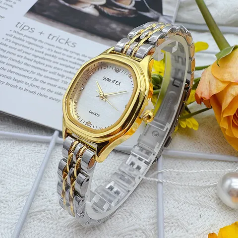 Elegant Alloy Square Case Quartz Watch for Women Delicate Two-Tone Metal Analog Wristwatch Minimalist Casual Female Dress Watch Gift