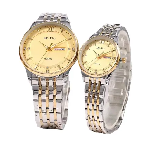 Orologio di Coppia in Lega Acciaio Inossidabile Moda Numeri Romani Strass Doppio Calendario Impermeabile Display Luminoso Quarzo Orologio da Polso