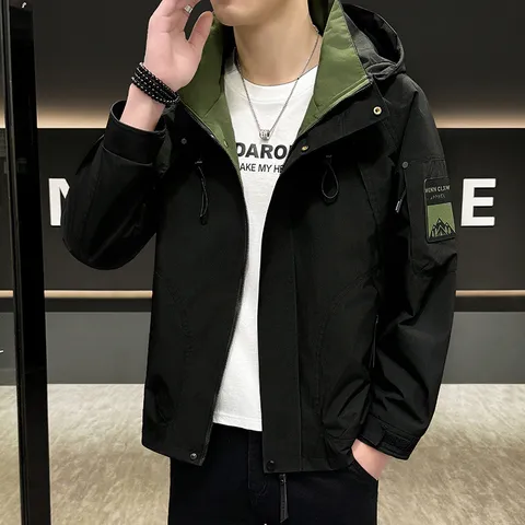 Men's Casual Hooded Windbreaker Jacket Spring Autumn American Tooling Loose Long Sleeve Zipper Outerwear