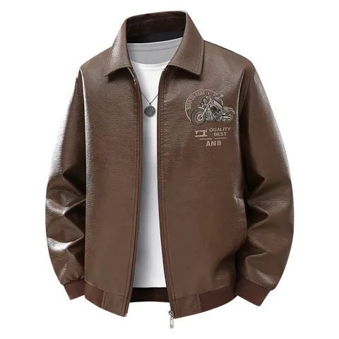 Herren Casual PU Lederjacke Vintage Motorrad Bestickte Revers Reißverschluss Slim Fit Oberbekleidung Frühling Herbst Mode Mantel