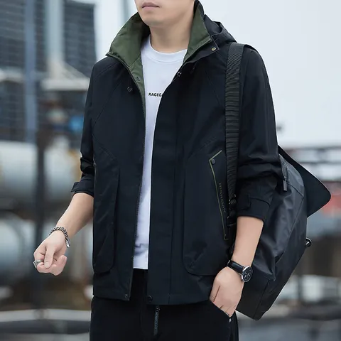 Men's Waterproof Windbreaker Jacket Hooded Loose Fit Outdoor Sports Utility Coat Autumn Winter Long Sleeve Jacket