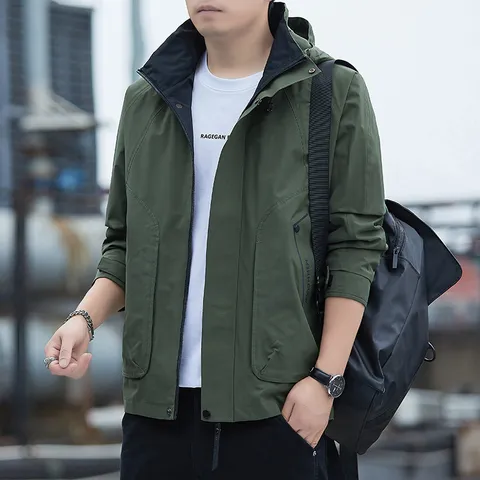 Men's Waterproof Windbreaker Jacket Hooded Loose Fit Outdoor Sports Utility Coat Autumn Winter Long Sleeve Jacket