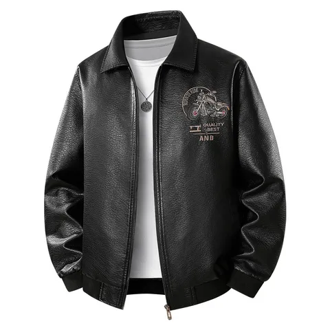 Herren Casual PU Lederjacke Vintage Motorrad Bestickte Revers Reißverschluss Slim Fit Oberbekleidung Frühling Herbst Mode Mantel