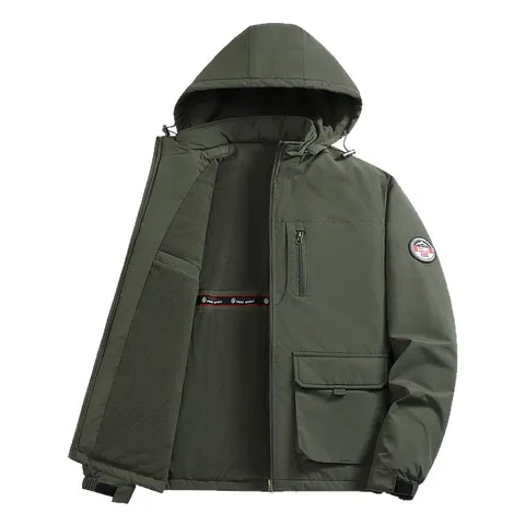 Men's Casual Thickened Fleece Lined Hooded Jacket Winter Warm Cargo Outerwear Multi Pocket Stand Collar Zip Coat