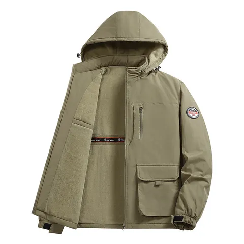 Men's Casual Thickened Fleece Lined Hooded Jacket Winter Warm Cargo Outerwear Multi Pocket Stand Collar Zip Coat