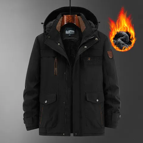 Men's Winter Fleece Thickened Hooded Jacket Windproof Thermal Multi-Pocket Outdoor Casual Coat