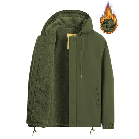 Men's Winter Thickened Fleece Lined Hooded Puffer Jacket Vintage Workwear Casual Warm Cotton Coat