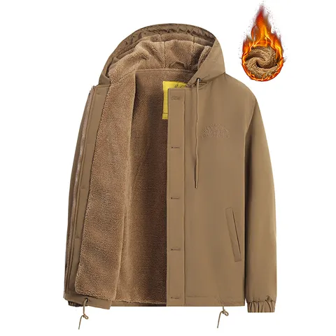 Men's Winter Thickened Fleece Lined Hooded Puffer Jacket Vintage Workwear Casual Warm Cotton Coat