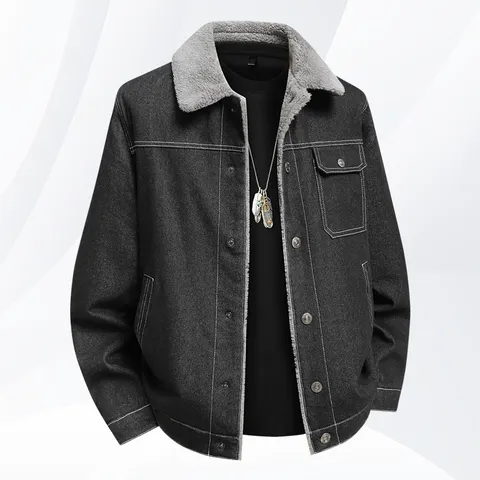 Herren Winter Verdickte Jeansjacke Fleece Gefüttert Revers Lässige Lose Oberbekleidung Vintage Baumwollmischung Mantel