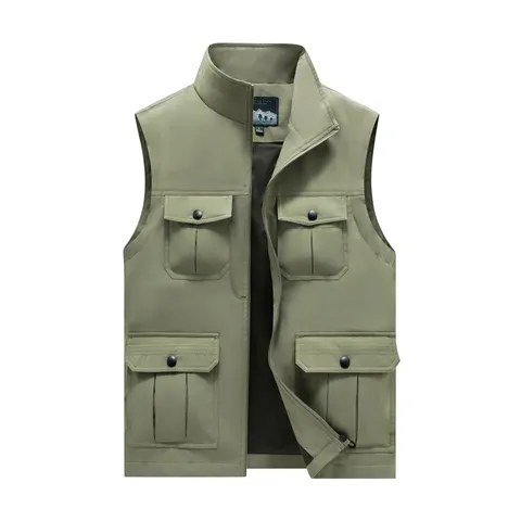 Men's Casual Outdoor Sports Fishing Zipper Vest Multi-Pocket Stand Collar Sleeveless Polyester Outerwear Top