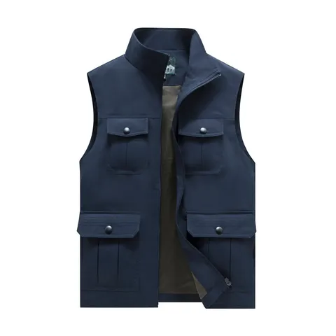 Men's Casual Outdoor Sports Fishing Zipper Vest Multi-Pocket Stand Collar Sleeveless Polyester Outerwear Top