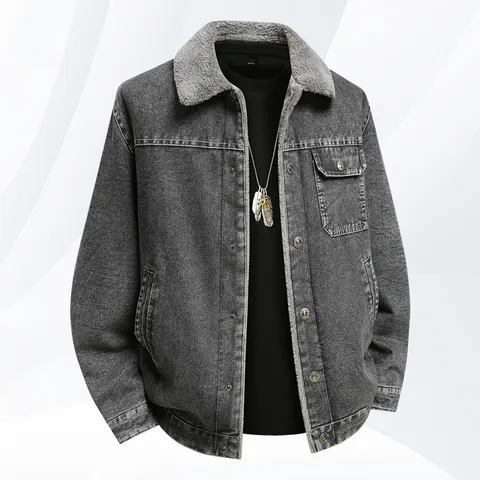 Herren Winter Verdickte Jeansjacke Fleece Gefüttert Revers Lässige Lose Oberbekleidung Vintage Baumwollmischung Mantel