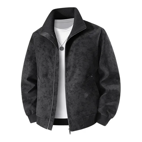 Men's Vintage Stand Collar Suede Jacket Retro Casual PU Leather Windproof Motorcycle Outerwear Spring Fall Fashion Coat