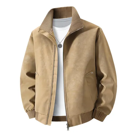 Men's Vintage Stand Collar Suede Jacket Retro Casual PU Leather Windproof Motorcycle Outerwear Spring Fall Fashion Coat