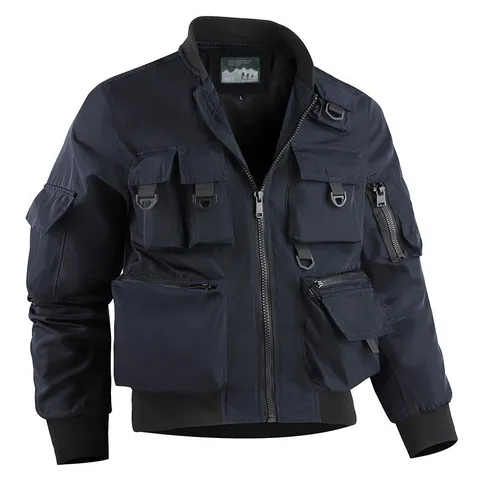Men's Casual Tactical Bomber Jacket Multi Pocket Windproof Full Zip Outerwear Stand Collar Athletic Sportswear Coat