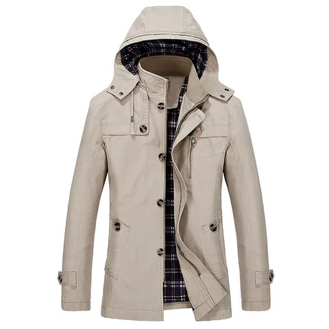 Men's Casual Cotton Hooded Mid-Length Windbreaker Jacket Business Slim Fit Solid Color Autumn Outerwear Coat