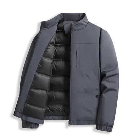 Men Winter Casual Stand Collar White Duck Down Jacket Polyester Windproof Thermal Long Sleeve Zipper Puffer Coat