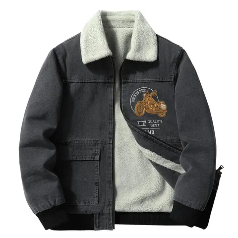 Men's Casual Cotton Blend Denim Jacket Thickened Warm Faux Lamb Wool Lined Coat With Motorcycle Embroidery Winter Streetwear Top