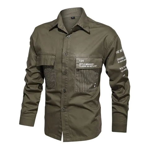 Men's Casual Cotton Cargo Shirt Long Sleeve Button Down Thin Work Shirt With Pockets Outdoor Printed Top For Spring Autumn