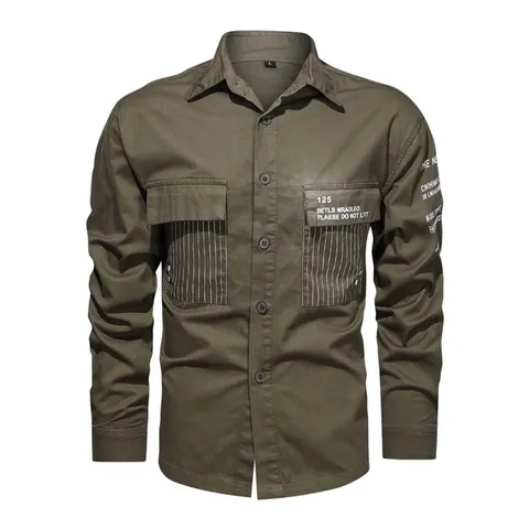 Men's Casual Cotton Cargo Shirt Long Sleeve Button Down Thin Work Shirt With Pockets Outdoor Printed Top For Spring Autumn