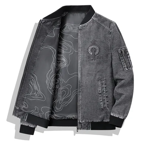 Herren Vintage Waschdenim Jacke Amerikanische Streetwear Lockere Bestickte Baseball-Kragen Reißverschluss Top Mit Mehrere Taschen Lässige Mode Oberbekleidung