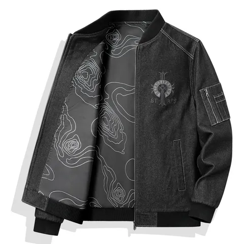 Herren Vintage Waschdenim Jacke Amerikanische Streetwear Lockere Bestickte Baseball-Kragen Reißverschluss Top Mit Mehrere Taschen Lässige Mode Oberbekleidung