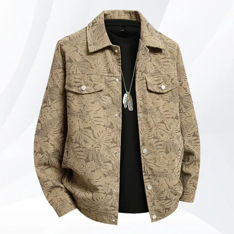 Men's Plus Size Casual Corduroy Jacket Fashion Hong Kong Style Lapel Leaf Printed Top For Spring Autumn Retro Outerwear
