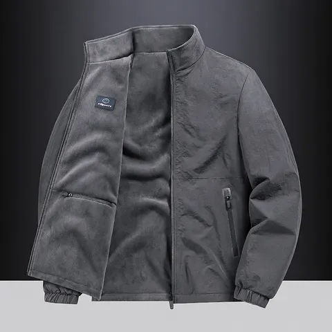 Men's Casual Fleece Reversible Jacket Stand Collar Polyester Loose Warm Outerwear Winter Zip Up Top