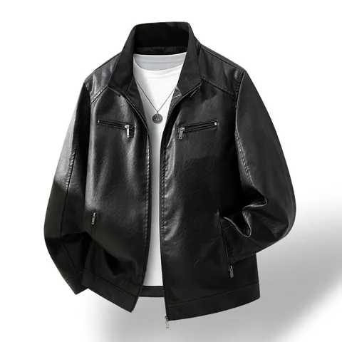Heren Casual PU Leren Bikerjas Staande Kraag Kunstleren Motorjas Winddicht Kunstleer Bovenkleding Top