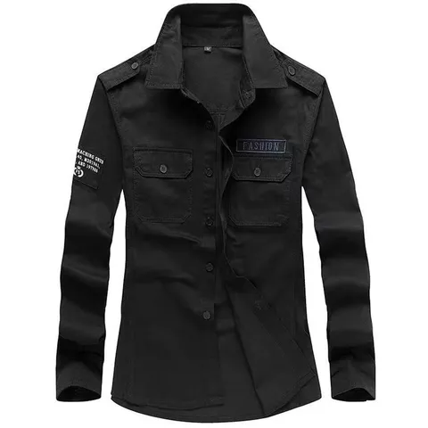 Men's Casual Cotton Cargo Shirt Embroidered Long Sleeve Top Solid Color Multi Pocket Retro Lapel Shirt For Daily Outdoor