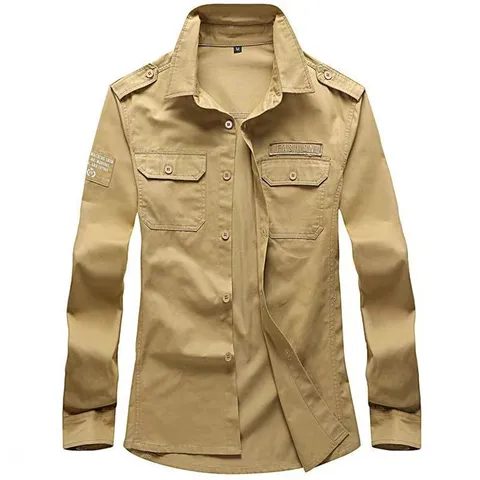 Men's Casual Cotton Cargo Shirt Embroidered Long Sleeve Top Solid Color Multi Pocket Retro Lapel Shirt For Daily Outdoor