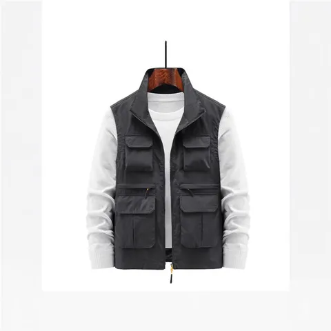 Men's Outdoor Multi-Pocket Fishing Photography Vest Nylon Breathable Mesh Lining Lapel Zipper Closure Functional Leisure Top