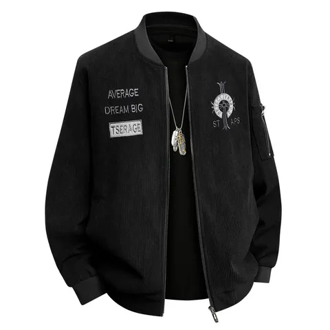 Men's Vintage Corduroy Baseball Collar Jacket Embroidery Loose Fit Zip Up Casual Streetwear Outerwear For Spring Autumn Plus Size