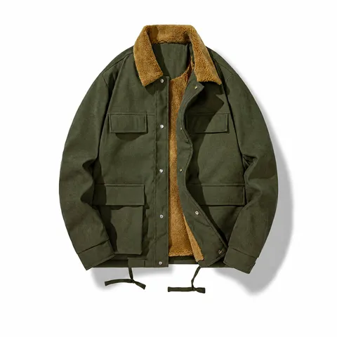 Vintage Lambswool Jacket Men Winter Thick Fleece Coat Multi-pocket Turn-down Collar Casual Warm Outdoor Outwear Top