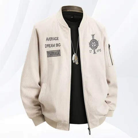 Men's Vintage Corduroy Baseball Collar Jacket Embroidery Loose Fit Zip Up Casual Streetwear Outerwear For Spring Autumn Plus Size